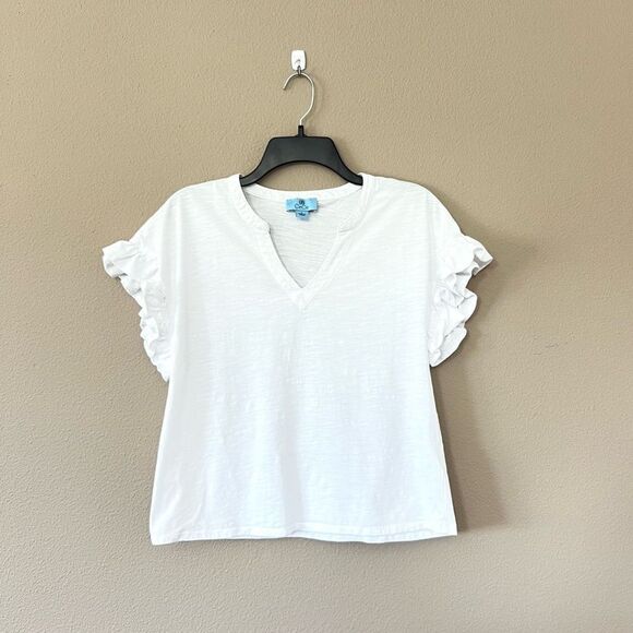 CeCe Ruffled Sleeve Split Neck Tee - Picture 1 of 8